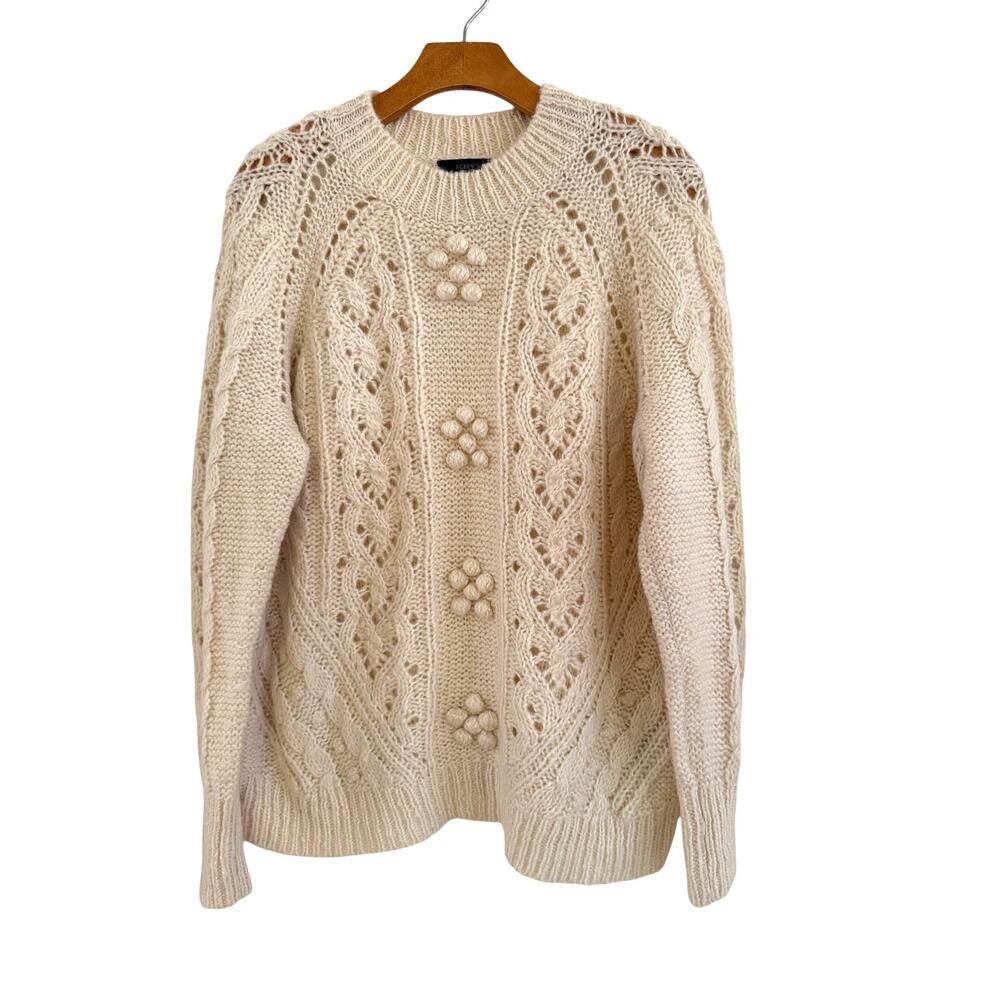 J.Crew Women's Sweater Cable Knit Pointelle Popcorn Medium Cream Wool Cottage